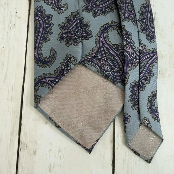 Christian Dior Men's NWT Vintage Italian Silk Paisley Tie Gray Purple USA Made - Picture 3 of 4